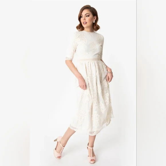 knee length dresses for ladies Modest White Lace Midi Dress – Stylish Myla Lace Medium main image 1